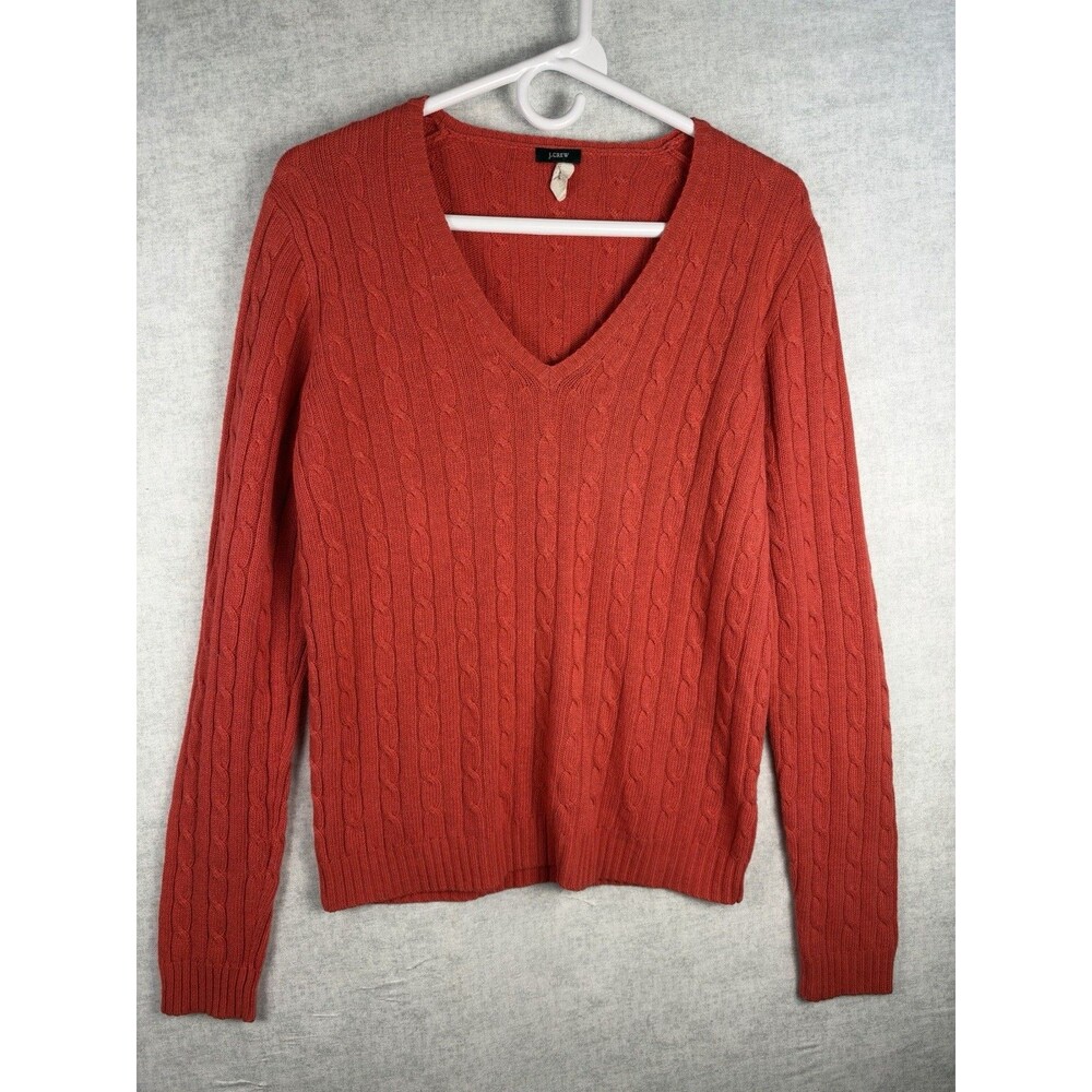 J Crew V Neck Red/Orange Cable Knit Long Sleeve Sweater Med Cashmere Wool Blend